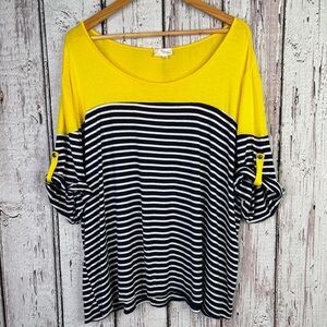 Fig & Olive Plus Size 3X Roll Tab Sleeve Top Navy Blue White Stripe Yellow Shirt